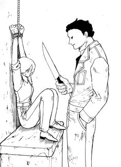 a man holding a knife standing next to a woman sitting on a bench in front of a wall