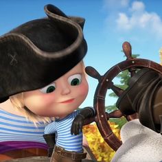 an animated character is holding a steering wheel and looking at the camera while wearing a pirate hat