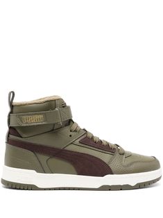 olive green calf leather perforated toebox pull-tab at the heel logo patch to the side round toe front lace-up fastening front touch-strap fastening ankle-length flat rubber sole Pull Tab, Womens Shoes Sneakers, Ankle Length, High Top, Patch Logo, Lace Front, Calf Leather, Top Sneakers, Olive Green