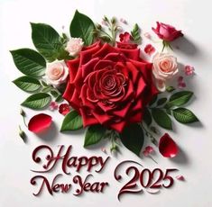 a happy new year card with roses and leaves