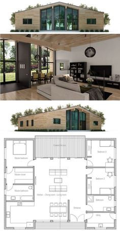 the floor plan for a modern house with lots of windows and doors, including an open living