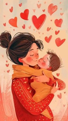 a woman holding a baby in her arms with hearts flying above it and the words love is