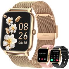 an image of two smart watches with flowers on the front and one has a gold mesh band