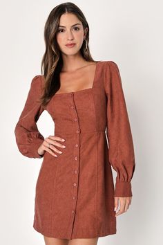 The Lulus Posh Promise Brown Corduroy Long Sleeve Button-Up Mini Dress has plenty of styling potential for a season full of perfect autumn ensembles! Sturdy corduroy shapes this retro-inspired dress that features a princess-seamed bodice, a trendy square neckline, and long, balloon-style sleeves with button cuffs. A functional button placket continues through the fitted waist and down the front of the figure-skimming, A-line mini skirt. Fit: This garment fits true to size. Length: Mid-thigh. Siz Retro Inspired Dress, Button Outfit, Lulu Fashion, Casual Wear Women, Off Shoulder Fashion, Square Neck Dress, A Line Mini Skirt, Corduroy Dress, Vestido Casual