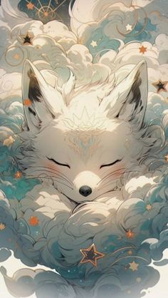 a white fox sleeping in the clouds with stars on it's head and his eyes closed