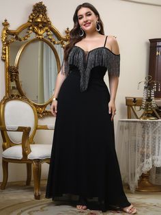 Black Glamorous Event Dress Fringe Trimmed A Line, Cold Shoulder Sleeveless, High Waist FlaredHem, Chest Pad Non-Stretch, Chiffon, 100% Polyester Hand wash or professional dry clean Ships in 4-6 days Join our mailing list for a 20% off your first order, sign up on the main page Plus Size Gowns Formal, Mesh Prom Dress, Glamorous Dress, Dress With Fringe, Plus Size Gowns, Elegant Dresses Classy, Plus Size Formal Dresses, Vestido Plus Size, Glamorous Dresses