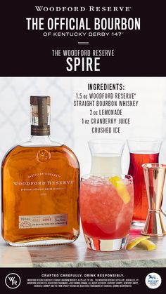 the official bourbon ad for woodford reserve, featuring two different types of drinks and a pitcher