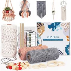 the kit includes yarn, scissors and other accessories