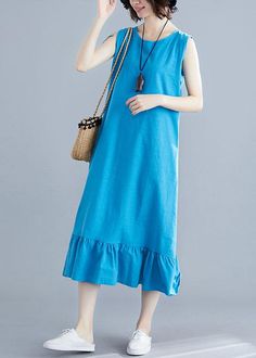 Elegant blue cotton clothes For Women o neck sleeveless A Line summer Dresses

This dress is made of cotton or linen fabric, soft and breathy. 

Flattering cut. Makes you look slimmer and matches easlily.
 
Materials used: cotton  linen

Measurement:Size S/US-2/EUR-34   
bust 100cm / 39"
length 113cm / 44.07"
Shoulder 35cm / 13.65"
hem 242cm / 94.38"


Size M/US-2/EUR-34   
bust 104cm / 40.56"
length 114cm / 44.46"
Shoulder 36cm / 14.04"
hem 246cm / 95.94"


Size L/US-2/EUR-34   
bust 108cm / 42 Solid Color Sleeveless Cotton Dress For Spring, Solid Cotton Sleeveless Dress For Spring, Spring Sleeveless Cotton Dress, Solid Cotton Sleeveless Summer Dress, Casual Cotton Solid Color Sleeveless Dress, Summer Sleeveless Cotton Dress, Casual Solid Color Sleeveless Cotton Dress, Casual Solid Color Cotton Sleeveless Dress, Summer Cotton Sundress In Solid Color