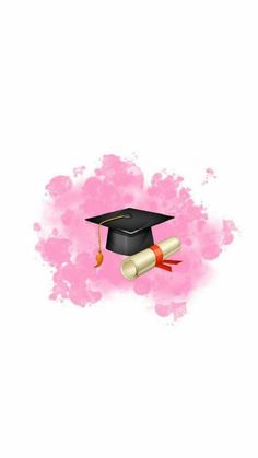 a graduation cap and diploma laying on top of a pink ink blotched background