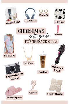 the christmas gift guide for teenage girls is shown in pink and white, with text overlay