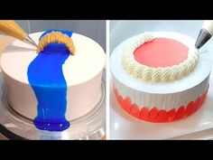 two cakes with different colored frosting on them