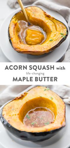 acorn squash with maple butter on a white plate