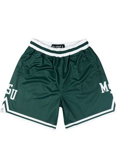 Hit the gym in these Michigan State Spartans Green Game Shorts! These MSU Shorts are the perfect way for any Spartans fan to show their pride at the gym or while playing sports with their friends. These Michigan State Spartans Shorts feature a sublimated team logo on both legs. Throwback Short Bottoms For Sports Events, Collegiate Athletic Shorts With Team Name For Sports Events, Collegiate Athletic Shorts For Sports Events With Team Name, Throwback Style Sports Shorts, Collegiate Sports Team Shorts, Collegiate Athletic Shorts For Sports Events, Sports Season Shorts With Team Logo, Sports Shorts With Team Logo For Sports Season, Sports Shorts With Team Logo For Sports Events