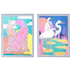 two framed art pieces depicting animals and birds