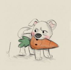 a drawing of a dog holding a carrot