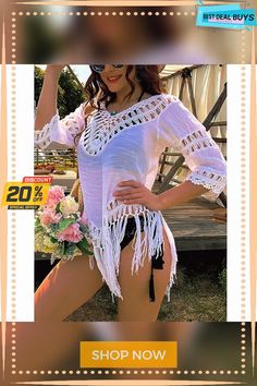 Women's Cover Up Beach Dress Beach Wear Mini Dress Tassel Fringe Hole Casual Sexy Plain V Neck 3/4 Length Sleeve Regular Fit Outdoor Daily White Spring Summer One Size Casual Beach Tassel Cover-up, Summer Beach Cover-up Dress With Tassels, White Dress With Tassels For Beach Cover-up, V-neck Beachwear Cover-up With Tassels, V-neck Beach Cover-up With Tassels, Coverup Beach, Beach Wear Dresses, Women's Cover Up, Tassel Fringe