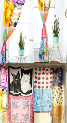 four different pictures of curtains and potted plants in front of the window, one with an image of a cat on it