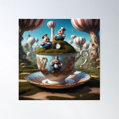 a tea cup with two men sitting on top of it in front of hot air balloons