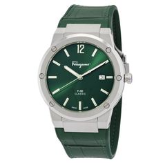 The Ferragamo F-80 Classic series watch features a stainless steel 41 mm case, with a fixed bezel a green dial and a scratch resistant sapphire crystal. The leather band is fitted with a deployment with push button release clasp . This beautiful wristwatch, powered by quartz movement, supports: date, hour, minute, second functions. This watch has a water resistance of up to 165 feet/50 meters, suitable for short periods of recreational swimming, but not diving or snorkeling. This stylish Swiss-made timepiece is sure to complete any man's collection. Watch House, Salvatore Ferragamo Men, Ferragamo Men, Leather Strap Watch, Classic Watches, Van Cleef Arpels, Classic Man, Classic Leather, Green Leather