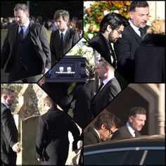 a collage of photos with men in suits and ties, one carrying a casket