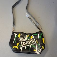 Brand New Dope Purse With Wristlet Strap And Long Shoulder Strap, Unique Design Yellow-Green And White Paint. 12" Wide And 8" Tall Casual Black Wristlet For Everyday Use, Trendy Wristlet With Adjustable Strap, Casual Black Adjustable Wristlet, Adjustable Black Casual Wristlet, Hand Painted Green Rectangular Shoulder Bag, Yellow Bags With Adjustable Strap For On-the-go, Yellow Bags With Zipper Closure For On-the-go, Yellow Shoulder Bag With Zipper Closure For On-the-go, Leopard Print Shoulder Bag With Detachable Strap For On-the-go