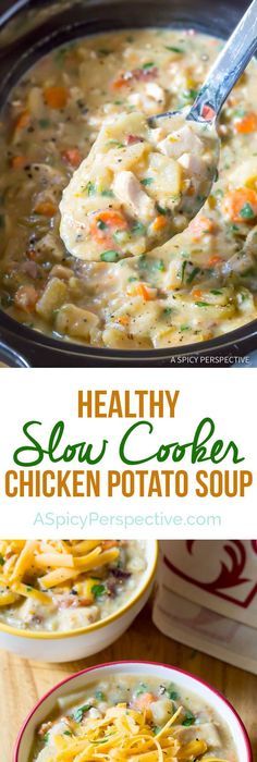 healthy slow cooker chicken potato soup in a crock pot