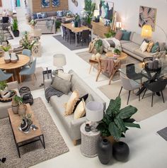 a living room filled with lots of furniture and plants on top of it's walls