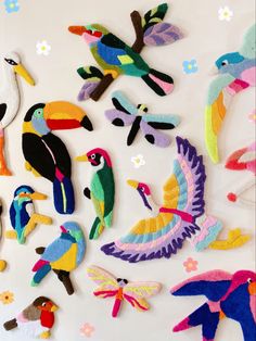 an assortment of colorful birds on a white surface