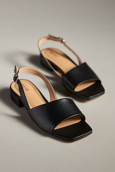 Leather upper, insole Rubber sole Buckle styling Imported | Asymmetrical Slingback Heels by Maeve in Black, Women's, Size: 37, Leather/Rubber at Anthropologie Business Casual Shoes Women Summer, Black Leather Sandals Women, Business Casual Shoes Women, Going Out Shoes, Outfits Women Casual, Everyday Heels, Woman Sandals