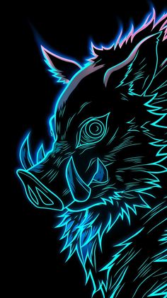 a black and blue drawing of a wolf's head on a dark background with neon lights