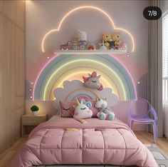 this is a bedroom with pink walls and rainbow decorations on the headboard above the bed