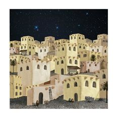 a painting of a city with lots of tall buildings and stars in the night sky