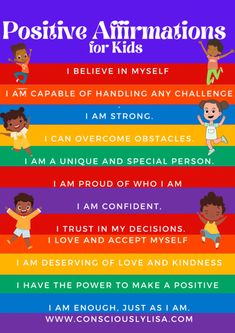 positive affirmations for kids with rainbow stripes and cartoon characters on the side