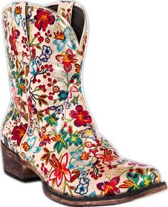 Western Boots With Floral Print For Fall, Multicolor Western Boots For Spring, Western Booties, Floral Printed, Leather Upper, Floral Prints, Faux Leather, Heels, Boots