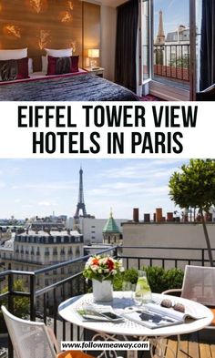 two pictures with the words eiffel tower view hotels in paris