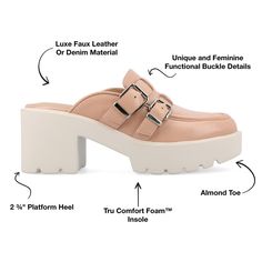 The Brydie mule heel from Journee Collection exudes contemporary style with its 2 3/4-inch platform heel, providing both height and a fashionable statement. The slip-on design adds convenience, while the almond toe style enhances its modern aesthetic. Crafted with man-made materials for both the upper and outer sole, and featuring a 4 mm Tru Comfort Foam™ footbed, these mule heels offer a comfortable and trendy choice for a variety of occasions. Trendy Synthetic Mules With 4-inch Heel, Trendy Platform Mules With Pointed Toe, Trendy High Heel Mules With Buckle Closure, Trendy High Heel Synthetic Mules, Spring Chunky Platform Slip-on Mules, Trendy Platform Mules Medium Width, Chic Chunky Platform Slip-on Mules, Synthetic Mules With Buckle Closure And Block Heel, Trendy Synthetic Mules With Buckle Closure