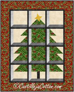 a quilted christmas tree is shown through the window