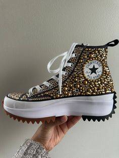 WOMEN'S Crystal Rhinestone and pearl embellished shoes. Handmade to order. -Please Note all Orders are Handmade and eligible for customization. -Converse sneakers tend to run a half size to one full size larger. I suggest trying on the style of converse prior to placing the order. Make sure your size is correct before purchasing. If Your Size or a color that you would like Is Not Listed, Please Contact Us. -Please enter as much detail in the personalization box that you wish for your shoes. I can add names to the tongue of the shoe & going down the back of the shoe.  WASHING AND CARE INSTRUCTIONS: As this is a delicate and sensitive item we do recommend washing by hand. Should the jewels become detached while washing, wait until the clothing dries, put it back in place, place a thick piece Embellished Converse, Bejeweled Shoes, Upcycle Shoes, Rhinestone Converse, Bedazzled Shoes Diy, Bling Sneakers, Bling Nike Shoes, Diy Ripped Jeans, Bridal Sneakers