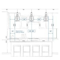 a drawing of a kitchen with an island and three hanging lights above the sink area