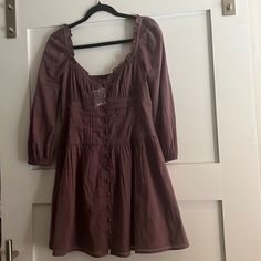 Never Worn. Beautiful Tight On Waist And Flows Out. Comes With Extra Buttons Cotton Long Sleeve Mini Dress For Date Night, Fall Mini Dress With 3/4 Sleeve For Brunch, Cotton Mini Dress With 3/4 Sleeves, Cotton Fitted Dress With 3/4 Sleeves, 3/4 Sleeve Cotton Dresses For Brunch, Cotton Dresses With 3/4 Sleeve For Brunch, Cotton Dress With 3/4 Sleeve For Brunch, Cotton Dress With 3/4 Sleeve For Day Out, Corset Purple