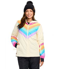 Stay warm and stand out in the snow with this Women's Retro Rainbow Snow Jacket! Insulated for extra winter protection, its cute and fun design is sure to become your new favorite winter wardrobe piece. Playful Hooded Windbreaker For Winter, Playful Hooded Winter Windbreaker, Multicolor Outdoor Outerwear With Double-lined Hood, Playful Winter Windbreaker For Outdoor, Winter Sports Windbreaker With Drawstring Hood, Winter Windbreaker With Drawstring Hood For Winter Sports, Multicolor Fleece-lined Outerwear For Cold Weather, Multicolor Nylon Outerwear For Outdoor Activities, Playful Winter Outdoor Windbreaker