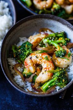 shrimp and broccoli stir fry in a bowl with white rice on the side