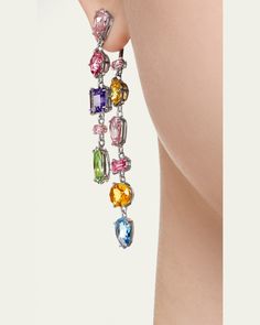 SWAROVSKI dangle earrings     Rhodiumtone metal    Mixcut colorful stones    Approx. 2.28"L x 0.35"W    For pierced ears    Imported Cut And Color, Rhodium Plated, Stone Color, Ear Piercings, Tops Designs, Dangle Earrings, Stone, Luxury Fashion, Color