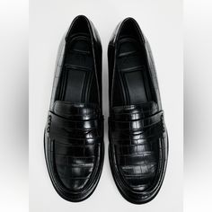 Genuine Zara New With Tag Material: Vegan Leather Color: Black Classic & Comfortable Round Toe Loafers. Embossed Croc Print Gives Elevated Look. Euro Size 38(7.5), 39(8) Zara Loafers, Yellow Sandals, Zara New, Croc Print, Swim Shoes, Black Loafers, Tassel Loafers, Leather Ballet Flats, Zara Shoes