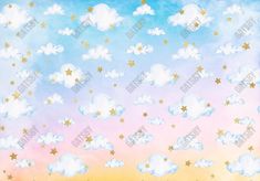 the sky with stars and clouds is painted in pastel blue, yellow and pink