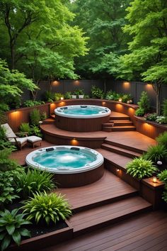 an outdoor hot tub surrounded by plants and lights in the middle of a wooden deck