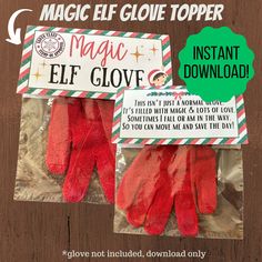 the magic elf gloves are red and have white writing on them, along with instructions for how to use them