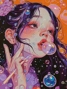 a painting of a woman blowing bubbles on her face