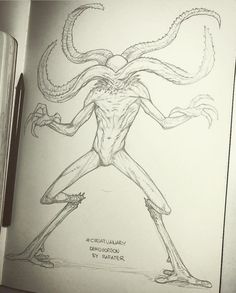 a drawing of an alien standing in front of a refrigerator door with its arms and legs stretched out